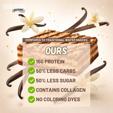 Protein bar with vanilla beans and flowers on a beige background, highlighting nutritional benefits.