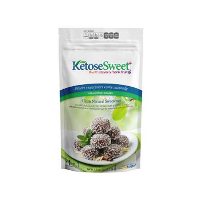 KetoseSweet+ Powder, a natural, sugar-free sweetener in a resealable bag, perfect for baking, cooking, and beverages.