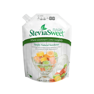 Package of SteviaSweet RA98, a pure stevia extract powder with 98% Reb A, providing a natural, high-potency sweetener for various applications