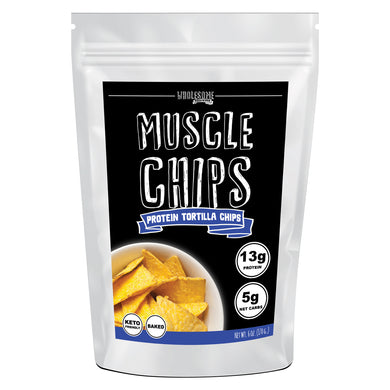 Wholesome provisions, muscle chips, low carb tortilla chips, high protein chips